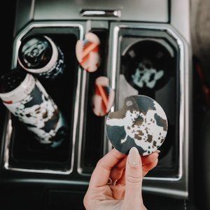 Brown Cowhide Car Coasters 2-Pack